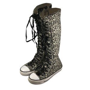 Mengsai Boots Girls Size 2 leopard Print Sneakers Mid Knee High Canvas